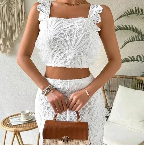 Solid Color Lace Patchwork Cami Top +Skirt Set - Picture 5 of 6